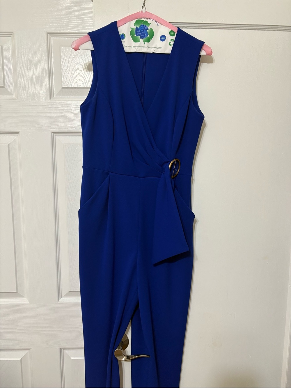 Calvin Klein Sleeveless Cobalt Blue Wrap Jumpsuit with Ring Detail